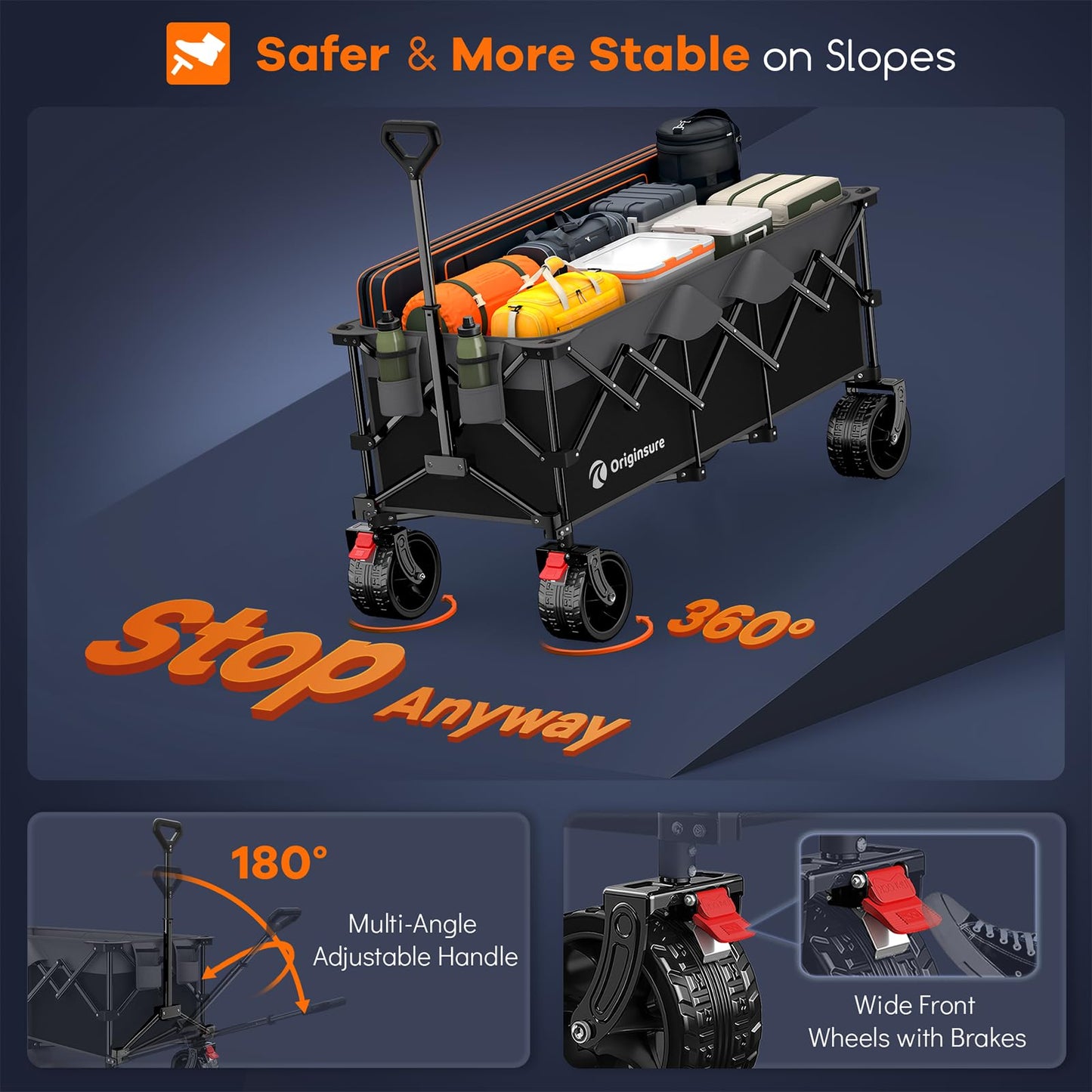 48" L Folding Beach Wagon Cart Foldable, 560lbs Weight Capacity 300L Heavy Duty Collapsible Wagons with Big All-Terrain Wheels, Utility Carts for Groceries, Shopping, Camping, Sports - Grey&Black