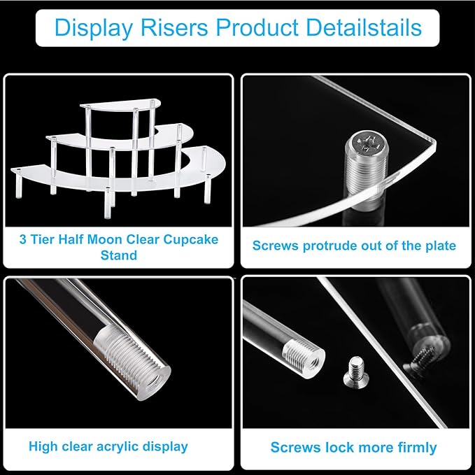 HENABLE Acrylic Display Risers, 3 Tier Clear Cupcake Perfume Stand Organizer, Half Moon Dessert Stand for Display, Food, Amiibo Funko POP Figure (2half