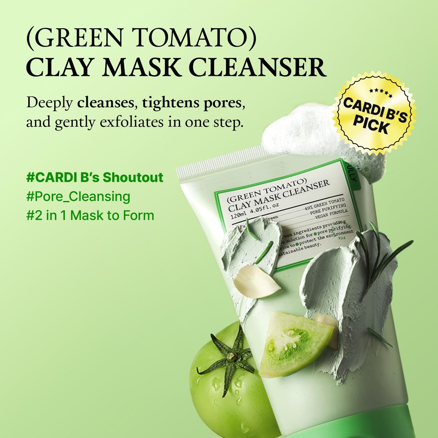 FULLY Green Tomato Facial Cleanser, Cardi B’s Clay Mask Cleanser for Deep Pore Cleanse & Pore Detox, Blackhead & Sebum Control, Gentle Face Wash for Women, Korean Skincare