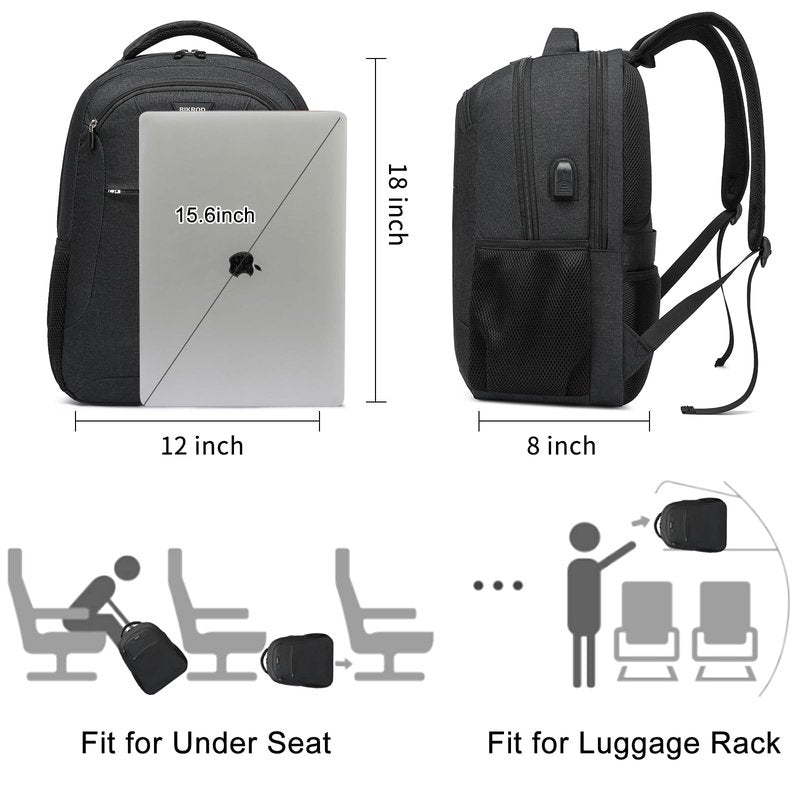 BIKROD Backpack for Men and Women, School Backpack for Boys, Water Resistant Business Travel Laptop Back Pack Fit 15.6 Inch Laptop with USB Charging Port, Black