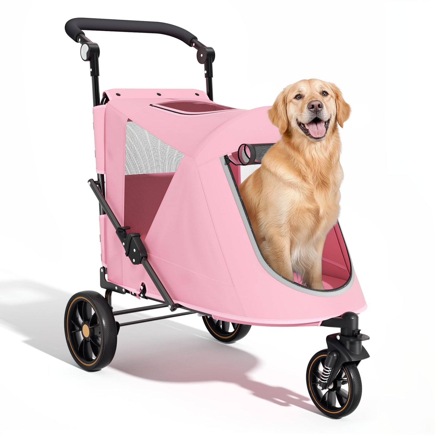 Magshion Pet Stroller for Medium Dogs w/Adjustable Handle, 3-Wheel Dog Cat Wagon w/Dual Entry, Rear Storage, Breathable Mesh, One-Foot Brake, Ideal for Large Pets up to 55 lbs, Pink