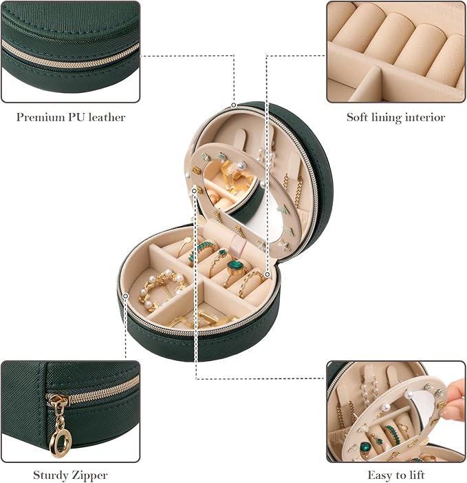 ProCase Travel Size Jewelry Box, Mini Portable Seashell-Shaped Jewelry Case with Mirror, 2 Layer Organizer in PU Leather for Women -Emerald
