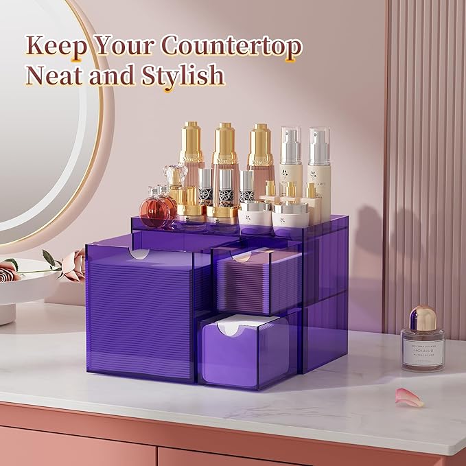 Youdepot Purple Acrylic Face Towel Holder with 3 Drawers, Disposable Face Towel Organizer for XL Facial Towels, Cotton Pads, Swabs, Skincare Tools, Bathroom Vanity Countertop Storage Box.
