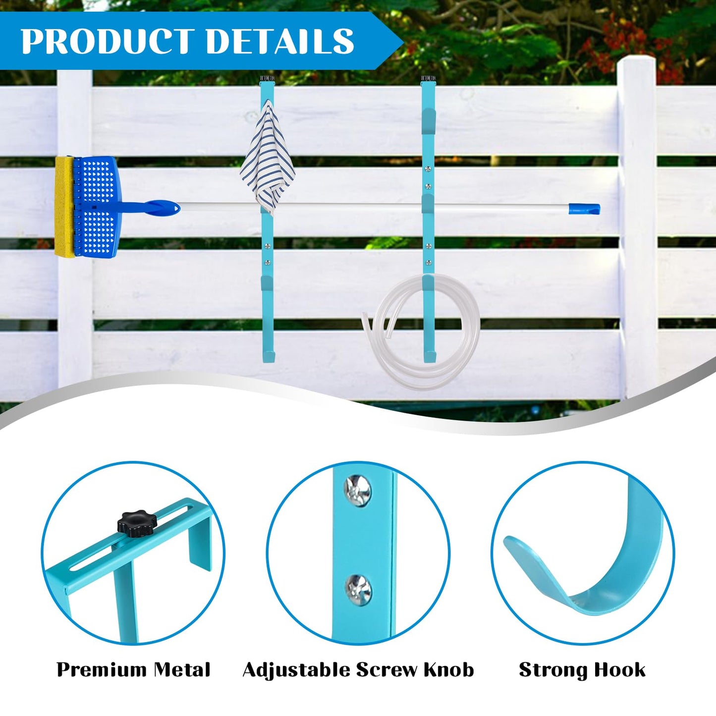 2Sets Blue Four Pool Pole Hooks Hangers, Adjustable Heavy Duty 4 Fence Hooks for Pool Poles Equipment, Pool Tool Holder for Telescopic Poles Skimmers Vacuum Hose Nets Brushes Swimming Pool Accessories