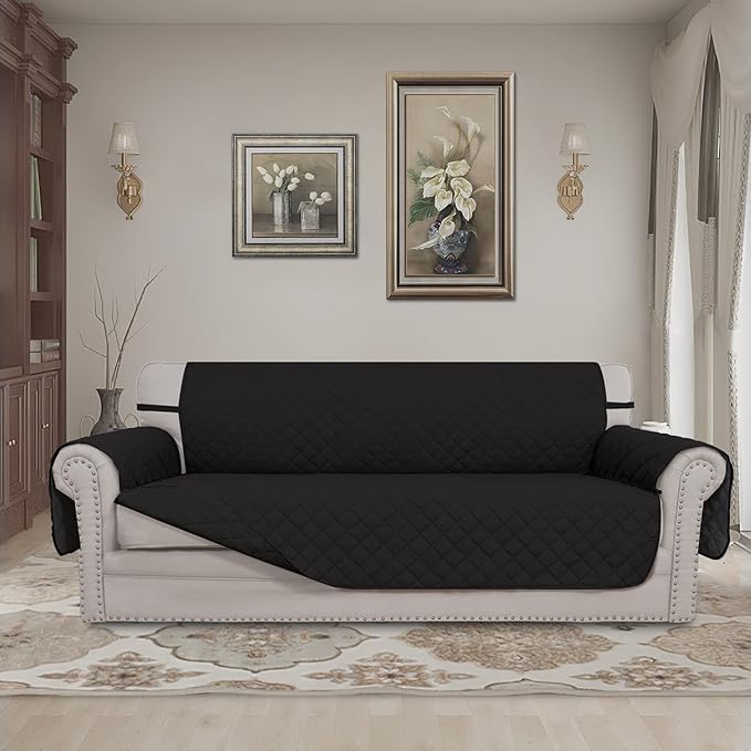 Easy-Going Reversible Oversized Couch Cover for 3 Cushion Couch Sofa Cover for Dogs Water Resistant Furniture Protector Cover with Foam Sticks for Pet Cat (Oversized Sofa, Black/Black)