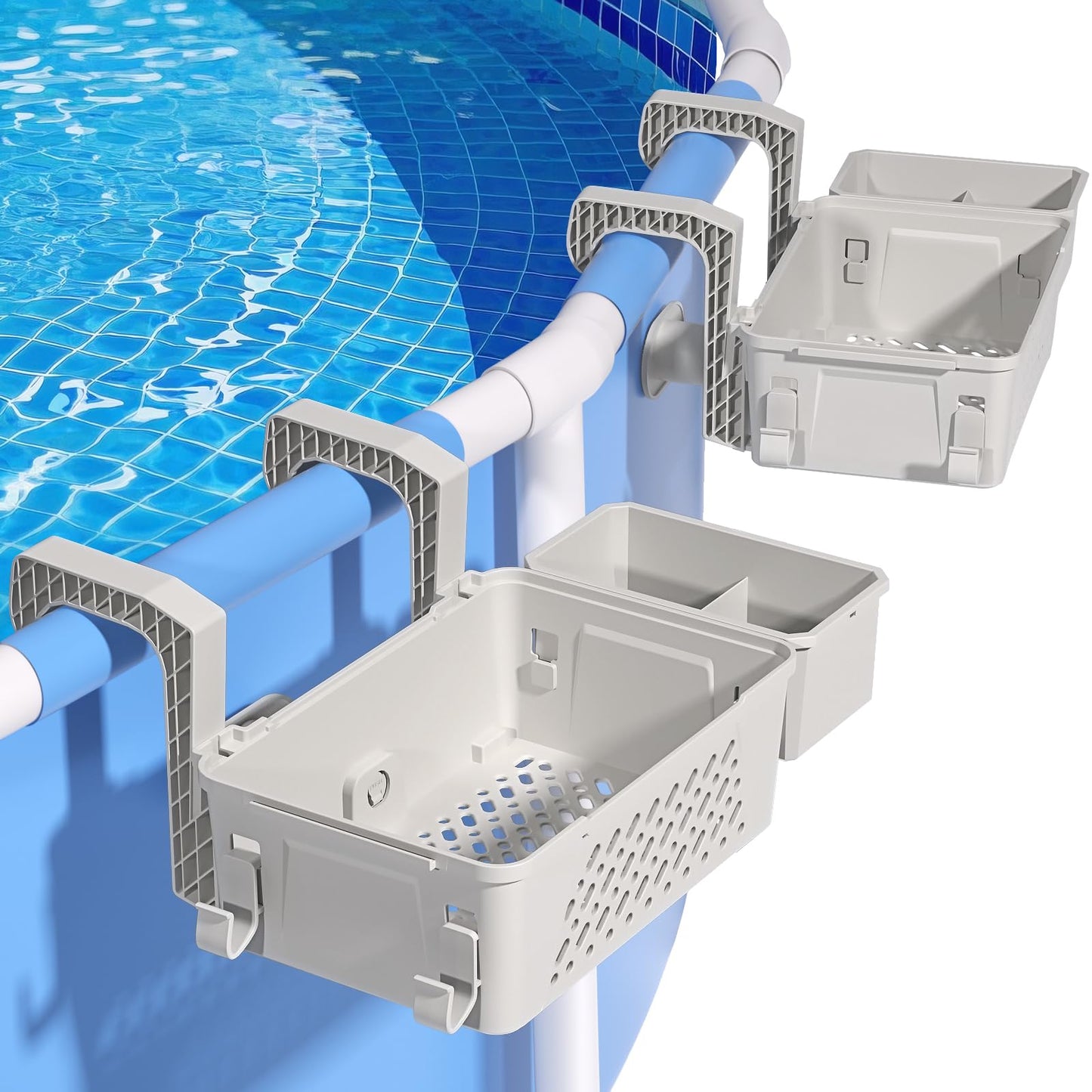 【2026 Upgrade】2-Pack Poolside Storage Basket with Cup Holder, Above Ground Pool Accessories, 3-in-1 Swimming Pool Hanging Storage Baskets to Organize Cups & Towels, Fits 3 Inch or Less Top Rail(Beige)