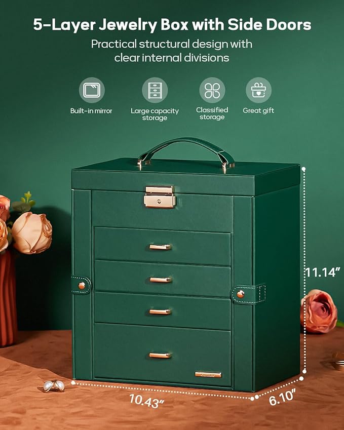 Homde Synthetic Leather Huge Jewelry Box Mirrored Watch Organizer Necklace Ring Earring Storage Lockable Gift Case (Forest Green + Gold)