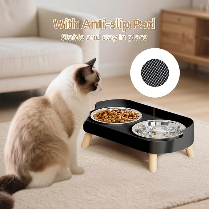 Elevated Cat Bowl, Raised Cat Food and Water Bowl Set for Indoor Cats, Splash Proof with 4 Stainless Steel Pet Food Bowls for Cats and Puppies, Whisker Fatigue and Dishwasher Safe - Black