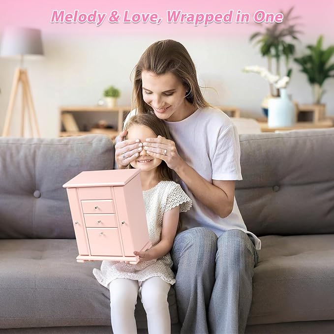 Emfogo Musical Jewelry Box for Girls, Large Kid Music Box with Ballerina for Birthday Bedroom Decor, 5 Layer Girl Jewelry Gifts for Girls Kids - Pink
