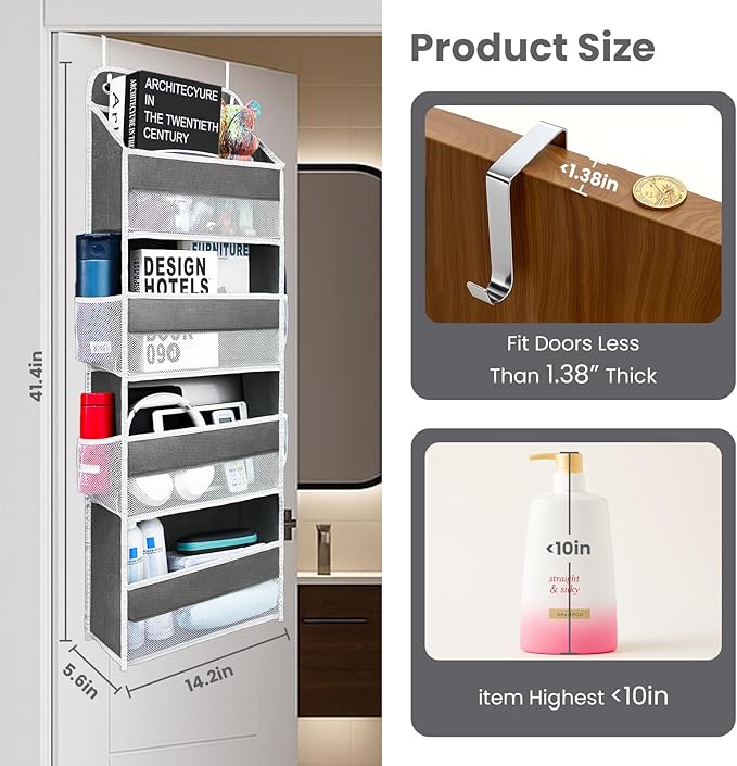 Over The Door Organizer with LifetimeWarranty, 4 Shelves & 4 Side Pockets, Large Storage Rack Holds 44lb, Heavy-Duty Reinforced Mesh Shelf for Bathroom, Closet, Toy Organization, Shoes, Towels, Grey