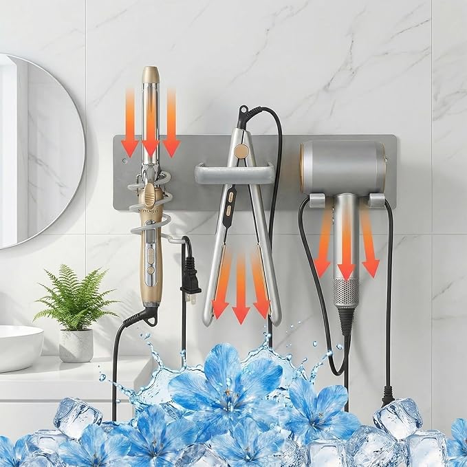 Blow Dryer Holder Wall Mount, 3 in 1 Bathroom Hair Tool Organizer with Curling Iron Holder & Flat Iron Holder, Universal Hair Dryer Holder Rack Storage (Silver)