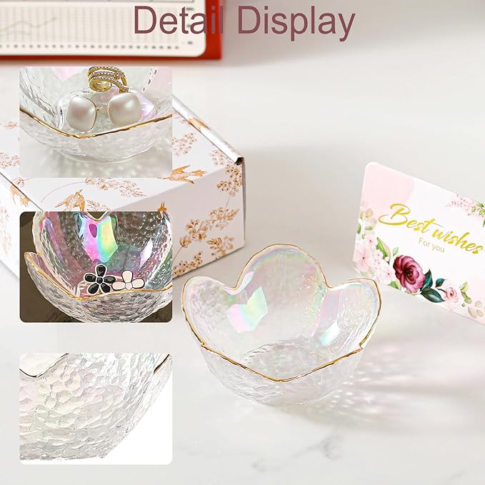 White Flower Jewelry Dish Glass Ring Dish Jewelry Tray Cute Vanity Organizer Room Decor Aesthetic Nightstand Bathroom Decor Trinket Dish Ring Holder Jewellery Tray Valentine's Birthday Gifts for Women