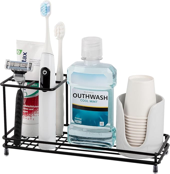 Toothbrush Holders for Bathrooms, Carbon Steel Tooth Brush Holder Electric Toothbrush and Toothpaste Organizer Bathroom Accessories for Countertop, Shower, Sink - Black