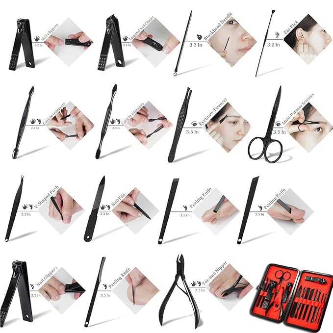 Professional Stainless Steel Nail Clipper Travel & Grooming Kit Nail Tools Manicure & Pedicure Set of 15pcs with Luxurious Case (Black/Red)