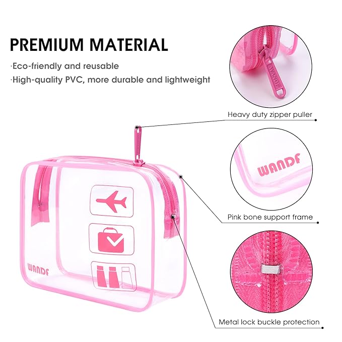 WANDF TSA Approved Toiletry Bag, 2 Packs Travel Clear Toiletry Bag, Quart Size Makeup Cosmetic Pouch with Zipper, Carry-On Airport Compliant Bag for Women and Men (4pcs Pink)