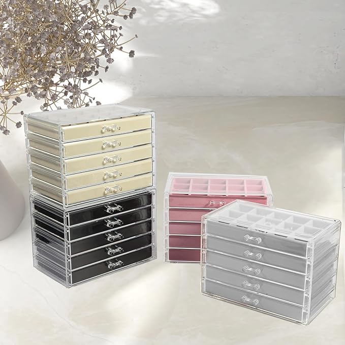 5 Drawers Clear Jewelry Box for Women and Girls, Acrylic Earring Holder Organizer Ring Holder Display Storage, Black