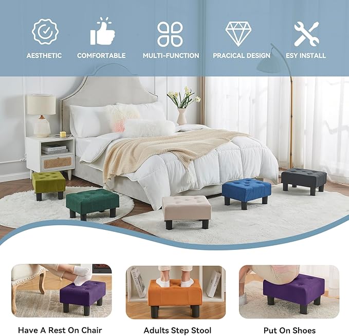 Poofzy Small Foot Stool Ottoman, Velvet Ottoman Foot Rest with Legs, Rectangle Foot Rest for Couch, Footstools and Ottomans Small for Living Room and Entryway (Purple)