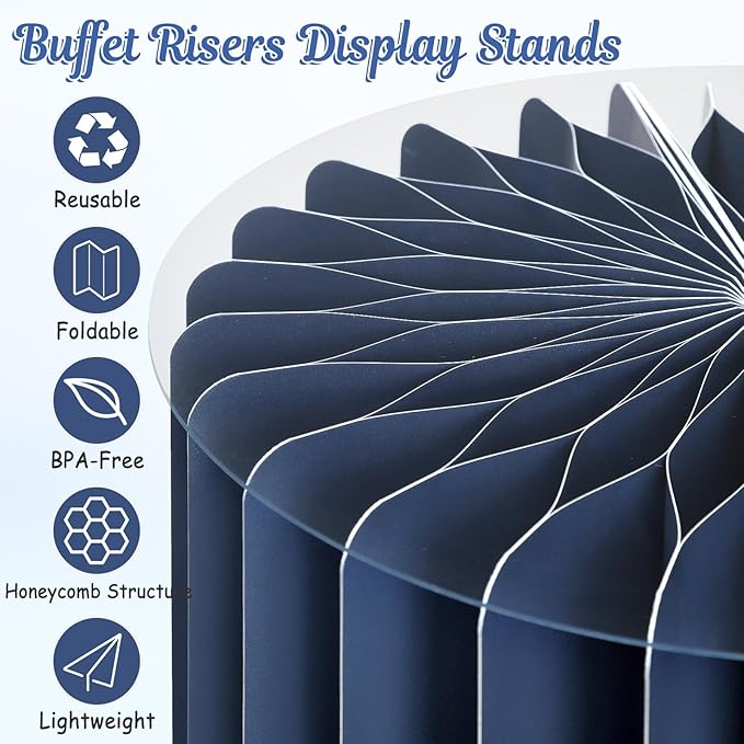 6Pcs Buffet Risers, Food Risers for Table, Foldable Cake Display Stands, Tall Cardboard Cupcakes Stand for Show Catering Desserts Jewelry Wedding Birthday Party Decoration (Blue)