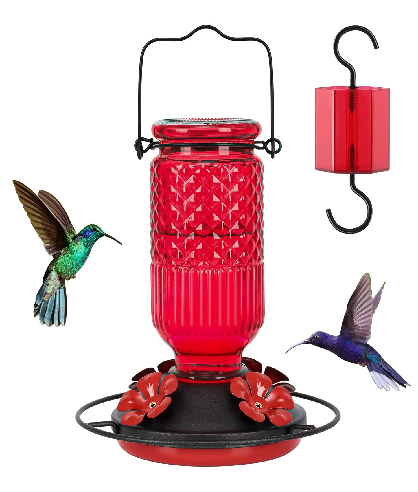 FEED GARDEN Glass Hummingbird Feeder, 16oz Outdoor Hanging Bird Feeder with Ant Moat, 4 Bee-Proof Feeding Ports, 360Â° Perch, Leak-Proof, Red