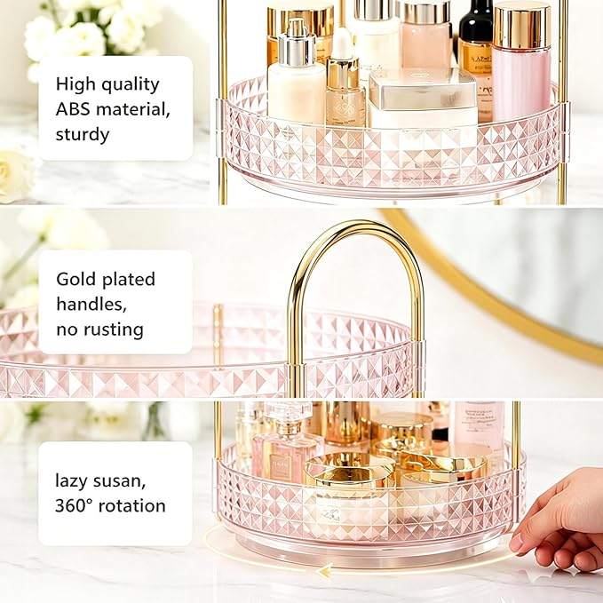 Fangoo 3 Tiers Pink Rotating Makeup Organizer for Vanity 360 Spinning Skincare Organizers for Dresser Perfume Organizer Large Skincare Make up Storage Cosmetic Organizer for Bathroom Countertop