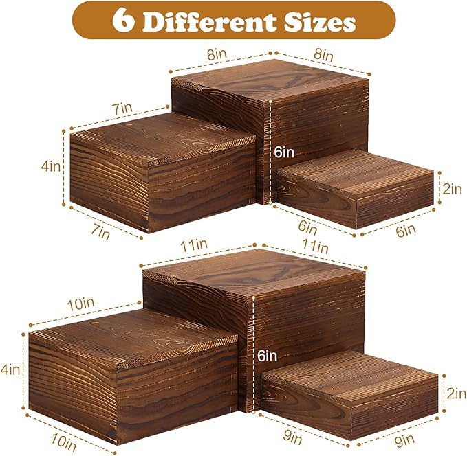 6 Pack Wooden Risers Display Stands Rustic Wood Cake & Cupcake Stands for Party Square Food Risers for Buffet Wooden Crates for Display Home Decor