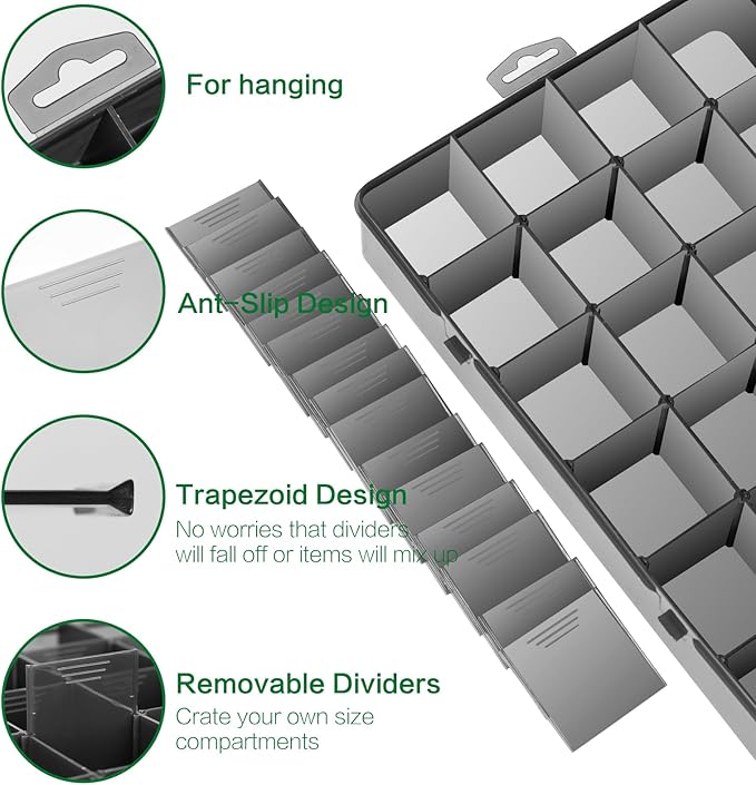 Large 24 Grids Plastic Organizer Box Adjustable Dividers,Clear Storage Box for Jewelry, Art DIY Crafts, Washi Tapes, Beads and Small Parts(Black,3Pack)