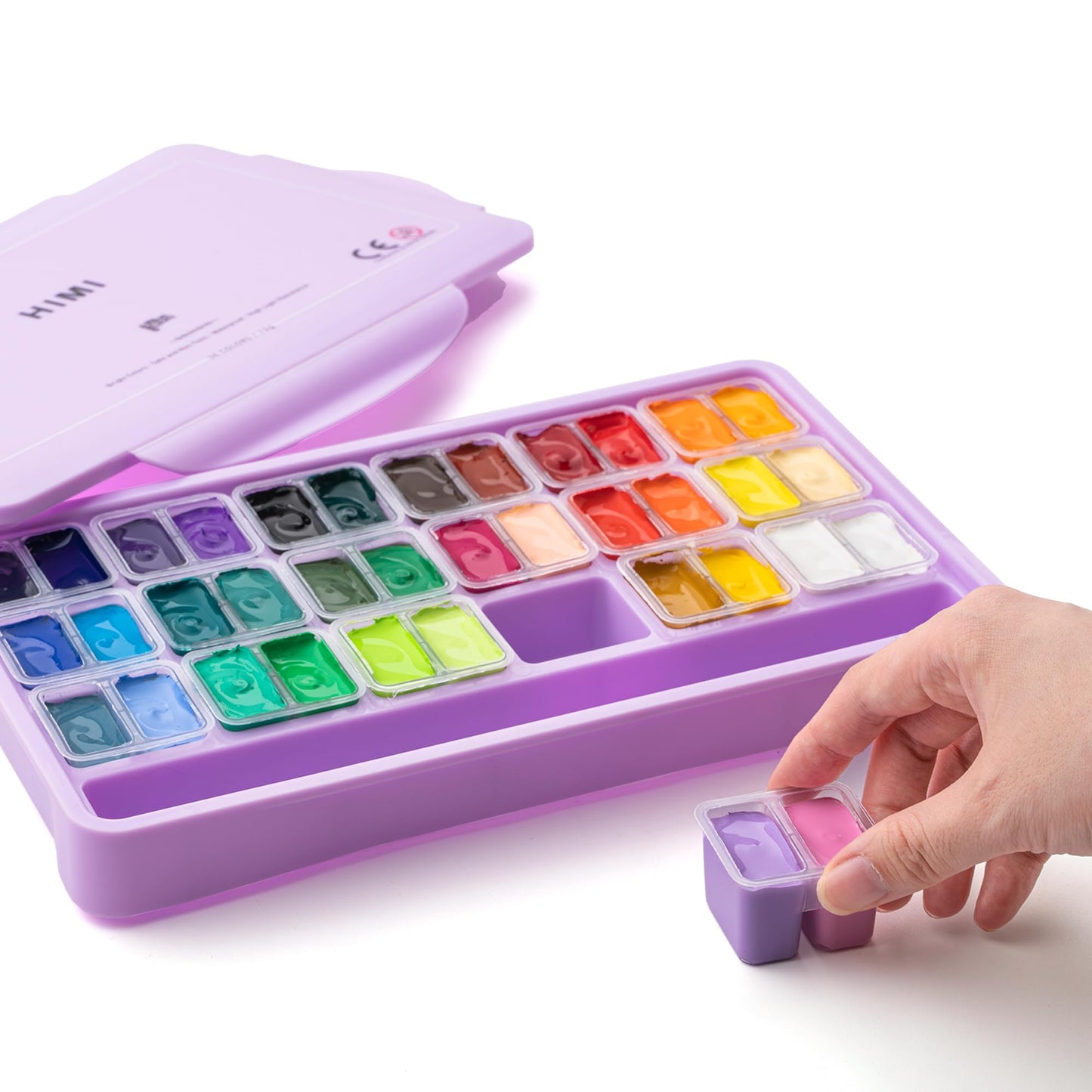 HIMI Twin Cup Jelly Gouache Paint Set with 3 Paint Brushes, 36 Colors 12g, Jelly Cup Design, Non Toxic Paint for Canvas and Paper, Art Supplies for Professionals (Purple Case)