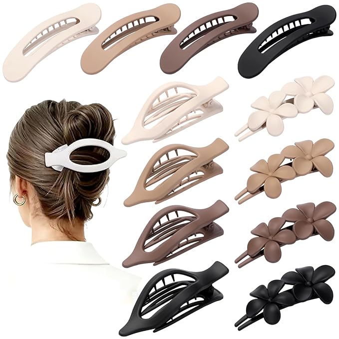 12 PCS Flat Hair Clips - 3 Styles Matte Flat Claw Clips Set Duckbill Barrettes for Women, No-Slip Strong Hold for Thin and Thick Hair, Hair Accessories for Girls Gift (Brown)