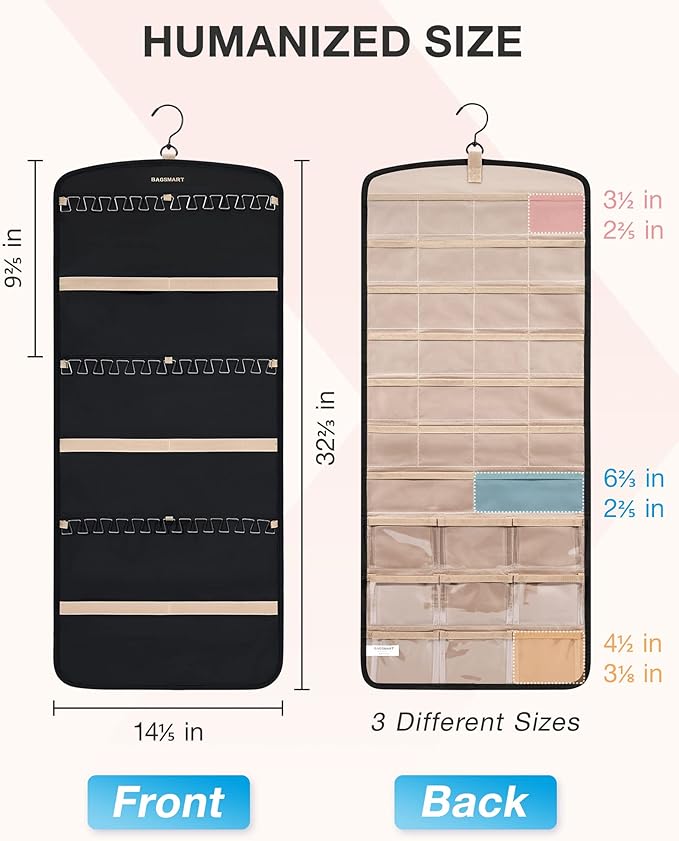 BAGSMART Hanging Jewelry Organizer, Necklace Holder Anti-tangle Earrings Rings Hanger with 20 Jewelry Bags Travel Storage Roll with Pockets Hang on Closet, Wall, Door,1 Piece, Large, Black