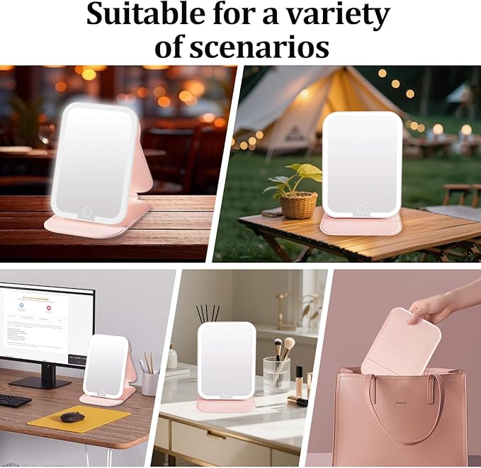 Rechargeable Travel Mirror with Light, LED Makeup Mirror with Lights, Portable Vanity Mirror with 3 Color Lighting, Touch Dimmable Lighted Cosmetic Mirror, Travel Essentials for Women (Pink)