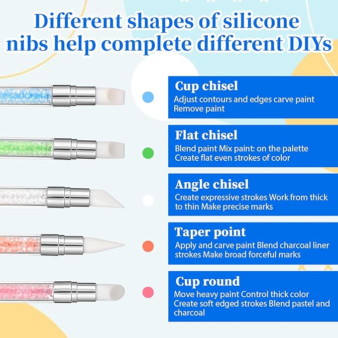 6 Pcs Nail Art Sculpture Pen, Dual Tipped Silicone Nail Tools, Silicone Head Acrylic Handle Nail Art Brushes, Rhinestone Nail Polish Carving Pen, Nail Art Tools for Home Salon(5 Colors)