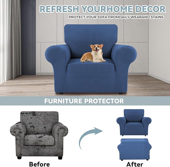 LURKA Stretch Chair Sofa Slipcovers 1 Piece Couch Covers for Sofa Furniture Protector Full Sofa Covers with Elastic Bottom for Kids and Dog (Small, Blue)