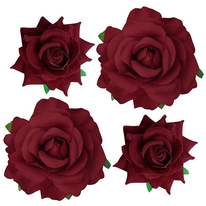 Rose Hair Clip Flower Hairpin Rose Brooch Floral Clips, 4 Pcs Fabric Flowers Hair Clips Mexican Hair Flowers Pin up Headpieces for Woman Girl Wedding Party Mother's Day (Dark Red)