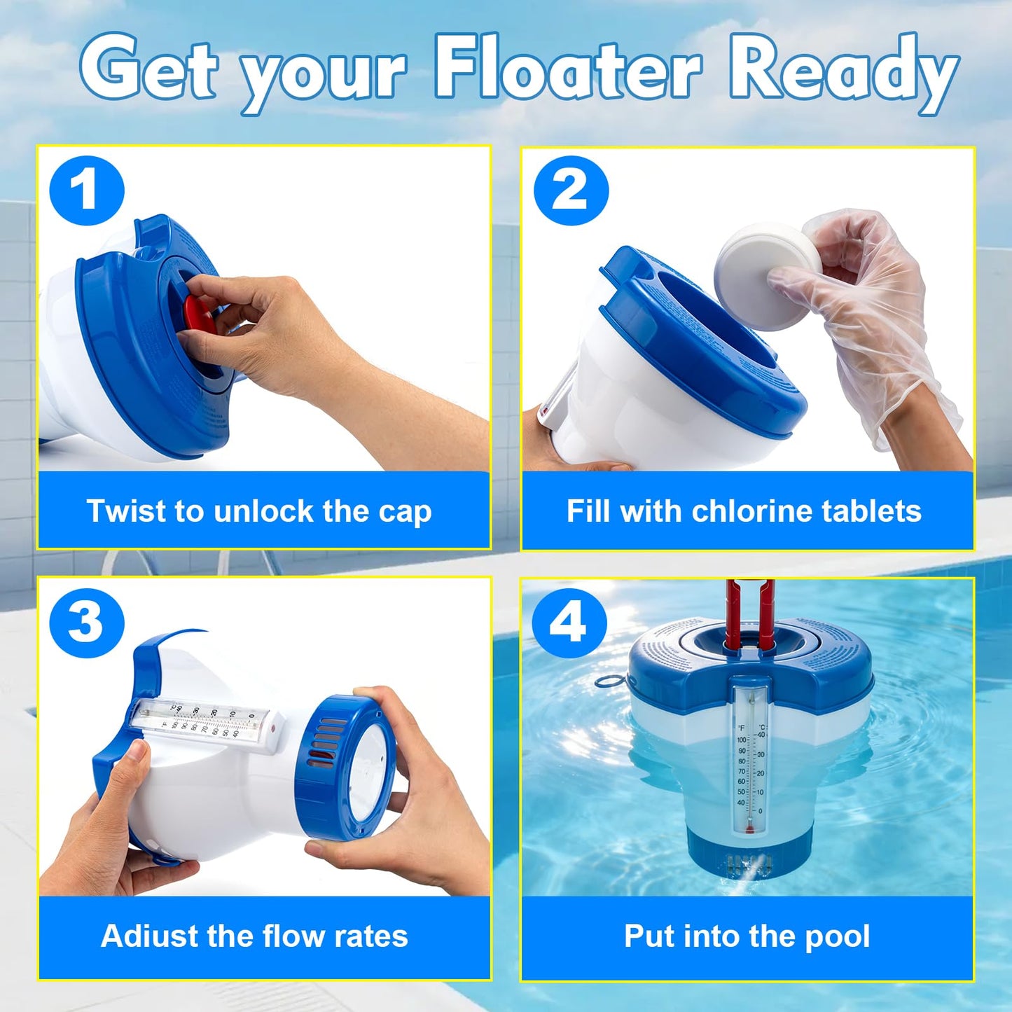 Pool Chlorine Floater Dispenser with Thermometer - 8" Pool Floater Pop-Up Refill Indicator Large Floating Chlorine Holder for 1 to 4 inch Tablets Floating Dispenser for Pools Spas Hot Tubs