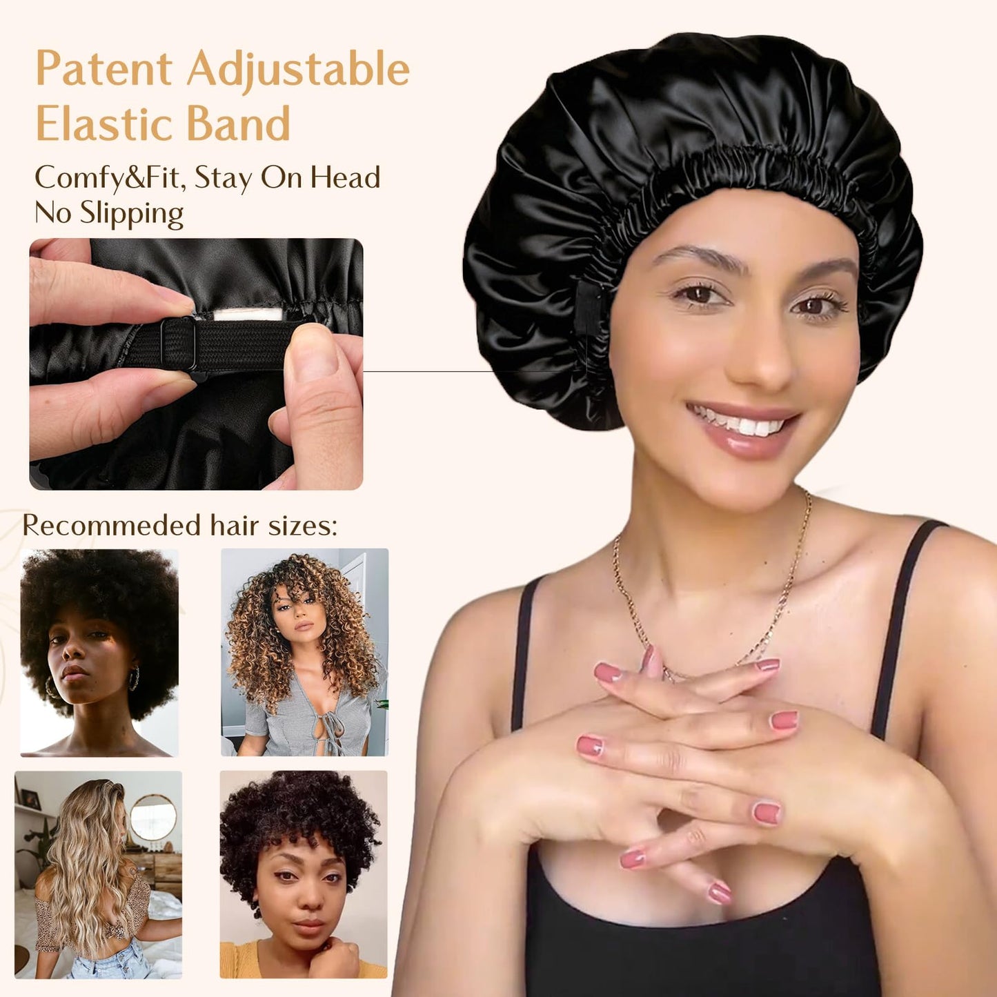 YANIBEST Adjustable Satin Bonnet Double Layer Hair Bonnet for Sleeping Bonnets for Women Hats Curly Natural Hair, Black