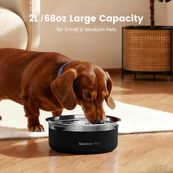 Gardner Pet Slow Water Bowl for Dogs, 2L/68oz Spill-Proof Pet Water Bowl with Floating Disk & Filter Screen, Stainless Steel No-Spill Water Dispenser for Medium Pets