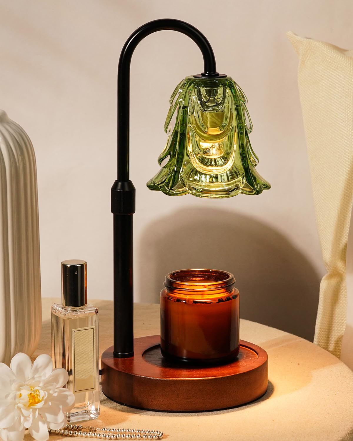 Small Candle Warmer Lamp with Timer, Adjustable Green Lamp Warmer for Jar Candles, Unique Women Gifts for Birthday, Dimmable Candle Heater, Christmas Gifts, Cute Wax Warming Light with Wood Base