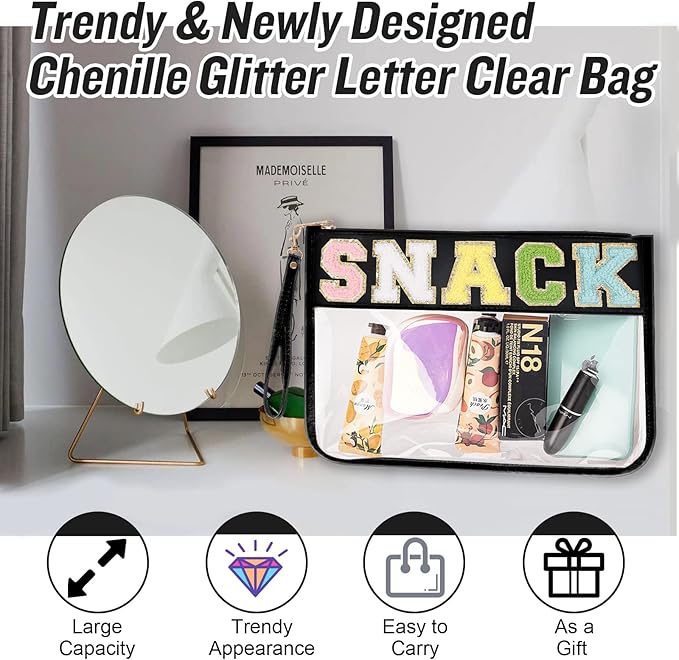 Chenille Letter Clear Snack Bag Purse, Monogram PVC & PU Zipper Pouch With Wristlet, Waterproof Portable Glitter Makeup Beach Toiletry Bag for Women Girls (SNACKS-Black)