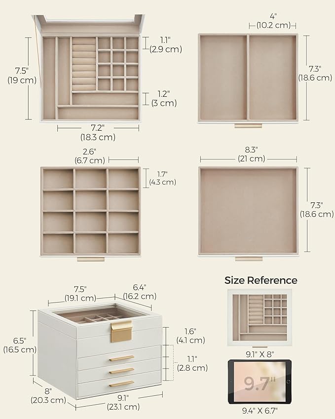 SONGMICS GISELLA Collection - Jewelry Box Organizer, 4-Layer Jewelry Storage with 3 Drawers, Shiny Metal Hardware, Glass Lid, Modern, 8 x 9.1 x 6.5 Inches, Cloud White and Gold Color UJBC173W01