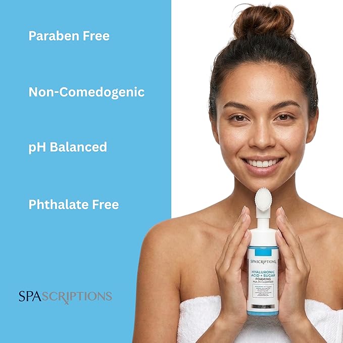 SpaScriptions 2 in 1 Cleanse & Exfoliate Foaming Facial Cleanser - Hydrating Hyaluronic Acid Face Wash with Sugar for Dry Skin with Soft Silicone Brush for Daily Cleansing, All Skin Types, 5 oz