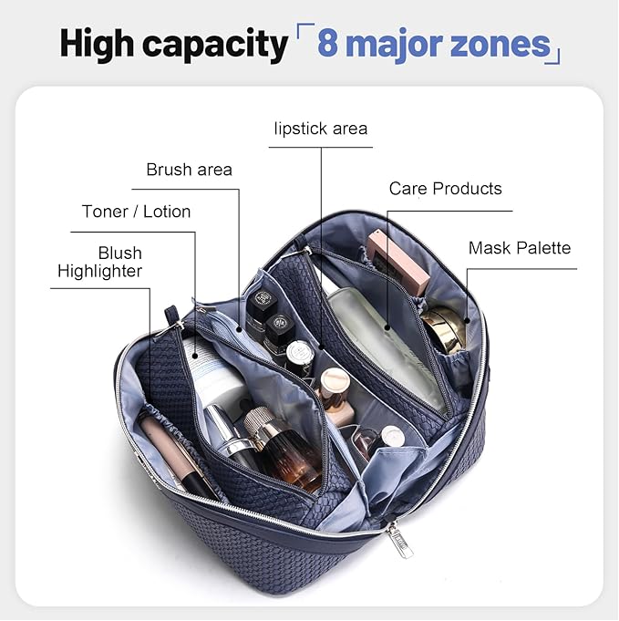 BOYATU Travel Makeup Bags for Women: Large Capacity Make up Bag with Wide Opening - 3 Pcs Set Waterproof Travel Toiletry Organizer for Full-Sized Bottles, Cosmetics & Brushes (Blue-W)