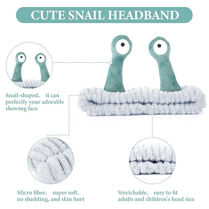 Face Wash Headband, Palm and Snail Spa Hair Bands Makeup Headbands Women Cartoon Cute Coral Fleece Elastic Headband Creative Hair Accessories for Washing Face Shower Sports (Blue&Green)