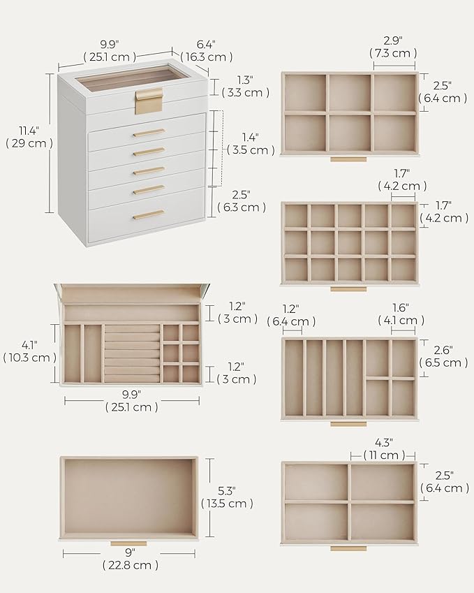SONGMICS GISELLA Collection - Jewelry Box Organizer, 6-Layer Jewelry Storage with 5 Drawers, Shiny Metal Hardware, Glass Lid, Modern, 6.4 x 9.9 x 11.4 Inches, Cloud White and Gold Color UJBC171W01