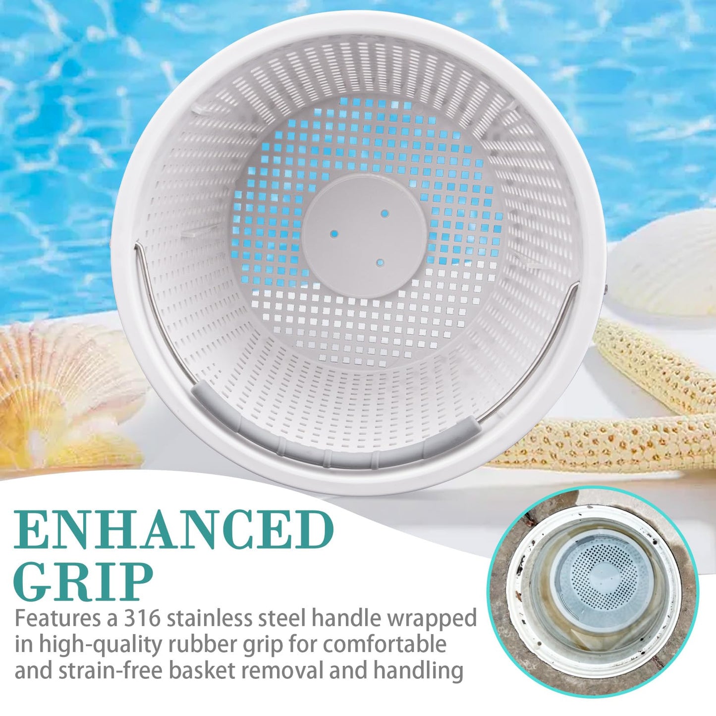 Neowah 8" Pool Skimmer Basket for Inground Pool, Compatible with Pentair U-3 Skimmer Basket 08650-0007 and Hayward SP1070 SPX1070E Pool Basket,with Built-in Brass Weight, Handle and Rubber Grip