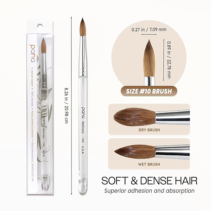 PANA Pure Kolinsky Hair Nail Brush - Round Clear Acrylic Handle (Size 10) - Nail Brush for Nail Application, Nail Extension, Manicure Pedicure Salon Beginner and Professional