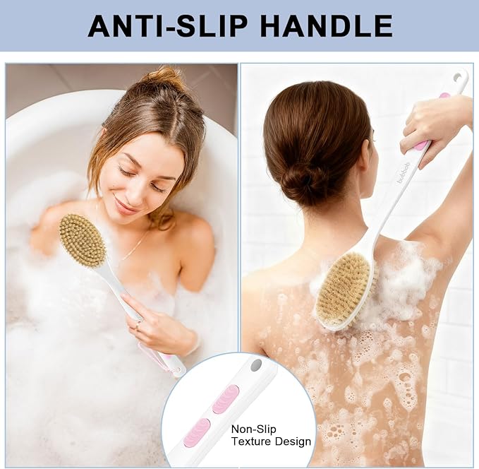 Back Scrubber for Shower with Long Handle, Exfoliating Bath Brush for Body - Double Sided Bristles (Stiff & Soft), Anti-Slip Grip, Lightweight - Gift for Seniors, Includes Lanyard & Hook, Pink