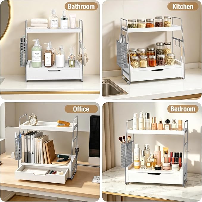 2 Tier Bathroom Counter Organizer Wood - Tiered Bathroom Countertop Shelf with Drawer, Removable Basket & 2 Hooks, Makeup Vanity Organizer for Skincare Perfume Toiletries, 13'' Silver