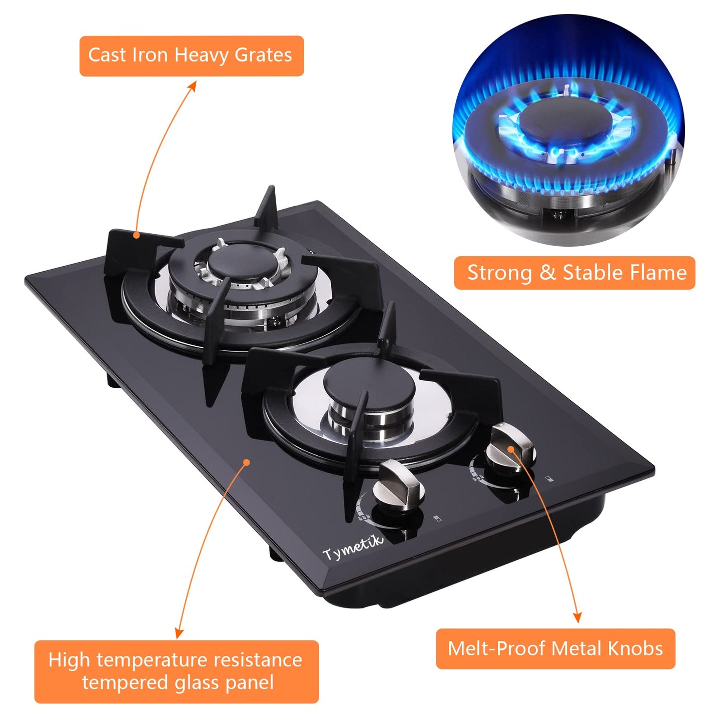 Tymetik 12 Inch Gas Cooktop - 2 Burner Built-in Stovetop with Tempered Glass, LPG/NG Convertible Dual Fuel, Ideal for RVs, Apartments, Outdoor