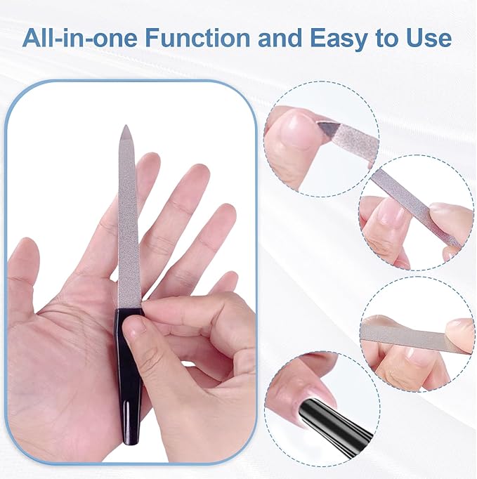 Metal Nail Files Made of Stainless Steel with Sharp Pointed Tip Non Slip Handle, Double Sided Sapphire Grit for Natural Nails Fingernails Toenail limas de uÃÂ±as metÃÂ¡licas Color Black (6 Pcs)