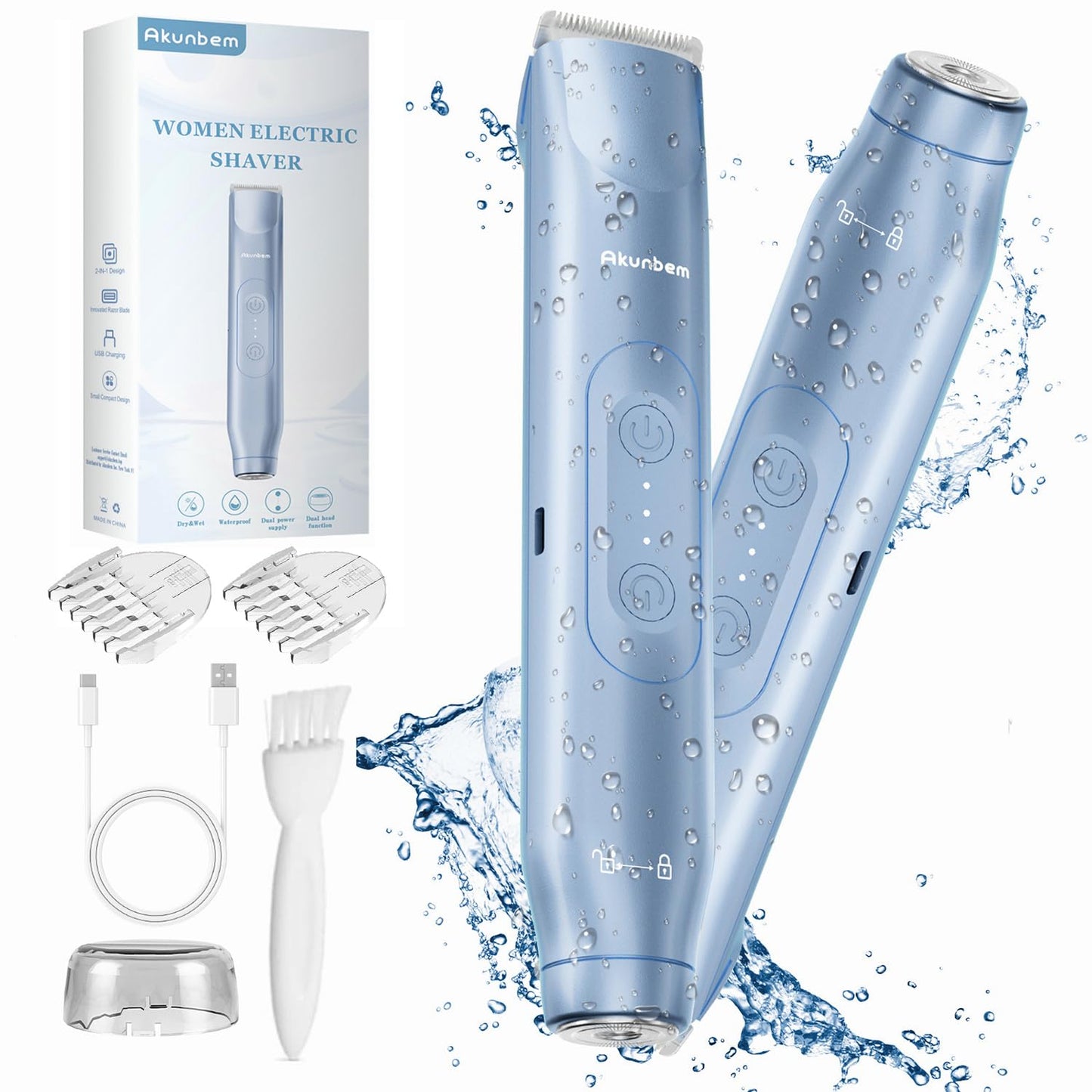 Akunbem Bikini Trimmer for Women - 2 in 1 Electric Razors for Women - Dual Head Electric Shaver - IPX7 Waterproof Wet & Dry Use Body Hair Trimmer and Facial Hair Remover for Bikini Underarm Leg Arm